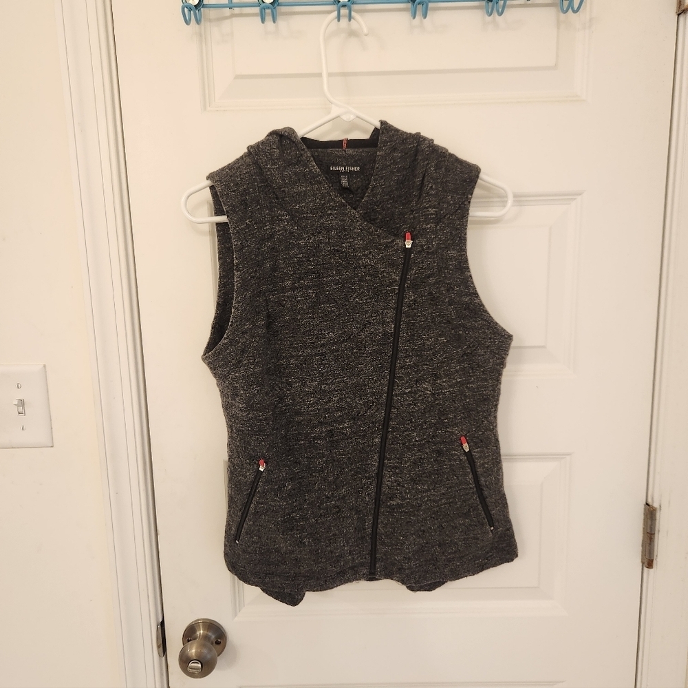 Womens Eileen Fisher Size Petite Small Zip Up Vest Grey Hooded #EE760